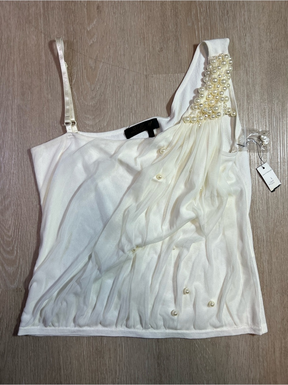 Shelly M. Couture Pearl-Embellished Ivory One-Shoulder Chic Women's Large Top